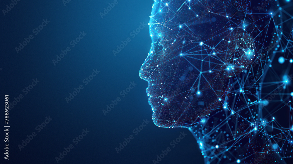 Poster visually appealing image of a network of blue lights and lines forming a human profile on a dark bac