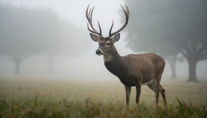Misty Majesty: A Deer's Double Antler Display in a Foggy Field