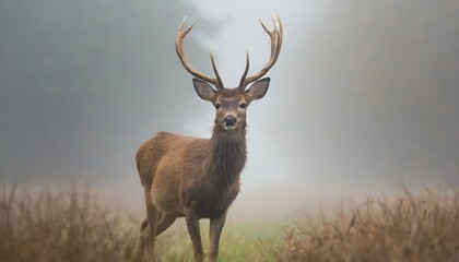 Misty Majesty: A Deer's Double Antler Display in a Foggy Field"