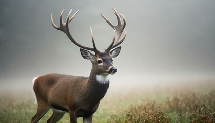 Naklejka premium Misty Majesty: A Deer's Double Antler Display in a Foggy Field