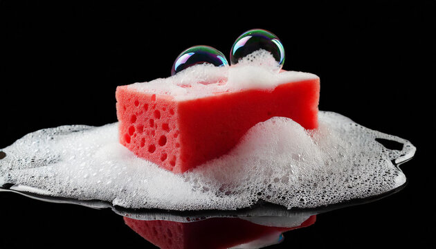 Soap foam with bubbles and red sponge, black background.