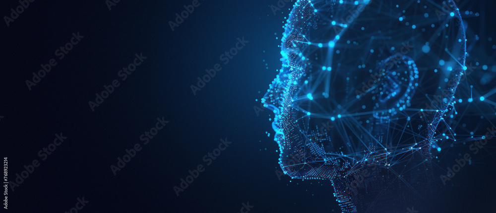 Poster a detailed view of a digital human face with a network mesh overlay, indicating themes of ai and con