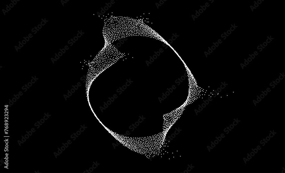 Poster White dotted wavy lines with dissolve effect. Stipple disintegrating curved circle on black background. Halftone textured sphere with noise grain. Grunge dispersing particles, speckles. Vector