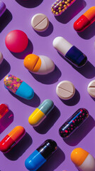 A colorful array of pills are spread out on a purple background. The pills come in various shapes and sizes, and some are multicolored. Concept of diversity and variety
