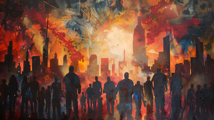 Vibrant cityscape painting with silhouetted figures.