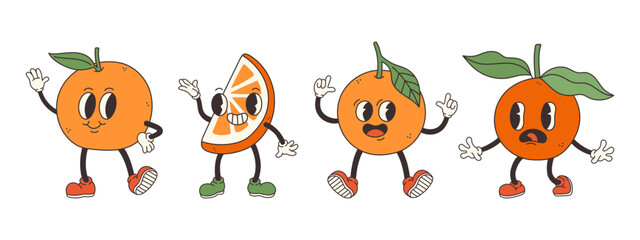 Groovy orange set. Hand draw Funny Retro vintage trendy style orange cartoon character. Doodle Comic collection © spirka.art