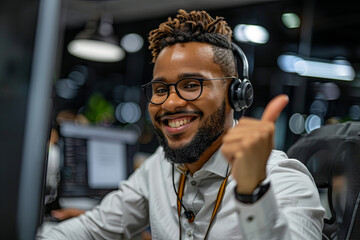 A customer service agent at a call center making a positive gesture to the camera - obrazy, fototapety, plakaty