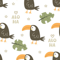 Fototapeta premium Seamless pattern with cartoon toucans, decor elements. colorful vector for kids. hand drawing, flat style. baby design for fabric, print, textile, wrapper