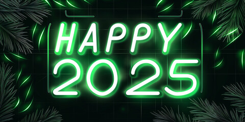 Jahreswechsel 2025 in bunten Zahlen und Happy New Year als Schriftzug im Querformat für Banner