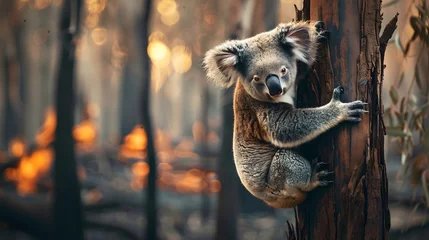 Keuken spatwand met foto A koala bear clings to a tree during a forest fire © Teerapat