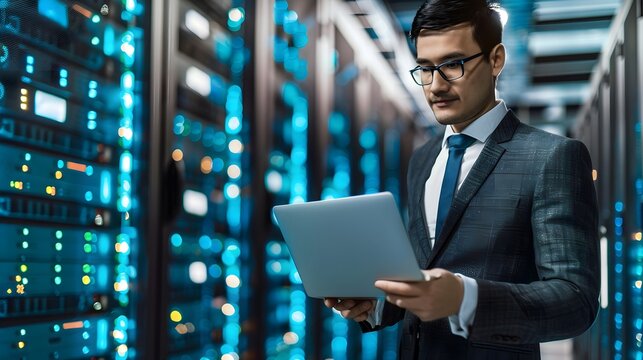 A man in a suit holding a laptop is checking the server racks