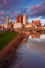 Columbus, Ohio, USA. Cityscape image of Columbus, Ohio, USA downtown skyline with the reflection of the city in the Scioto River at spring sunset. - 768924469