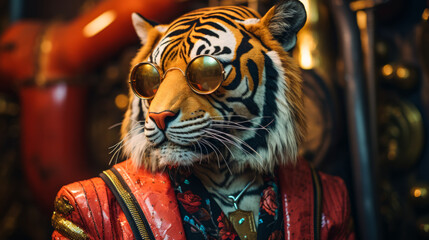 A tiger wearing sunglasses and a red suit. The tiger is standing in front of a red pipe - obrazy, fototapety, plakaty