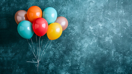 A bunch of colorful balloons are floating in the air above a blue wall. The balloons are of different colors, including red, yellow, and green. Concept of celebration and joy
