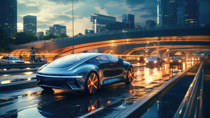 A futuristic car is driving down a wet road in a city. The car is surrounded by other cars and a few pedestrians. Scene is futuristic and urban