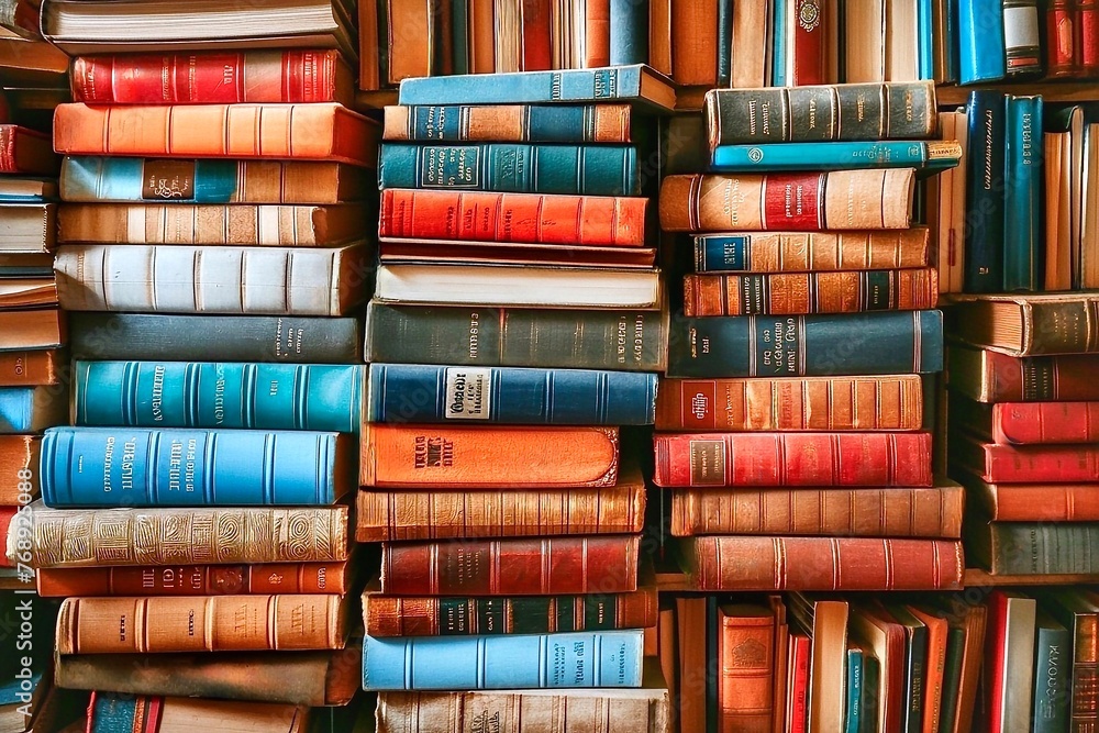 Poster stack of old books. pile of old books on a shelf in a bookstore or library. background from books