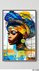 A woman wearing a colorful head scarf is the main subject of the painting. The scarf is blue and yellow, and the woman's face is painted in a bold, colorful style. The painting has a vibrant