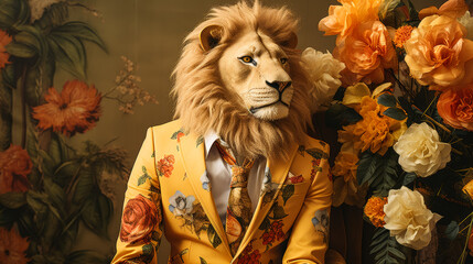 A man dressed in a lion costume sits in front of a vase of flowers. The image has a whimsical and playful mood, as the man is not a real lion but rather a costume - obrazy, fototapety, plakaty