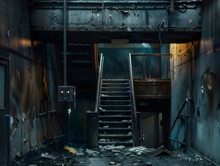 A haunting depiction of decay in an abandoned industrial interior with visible signs of dilapidation