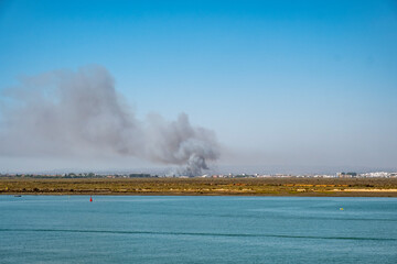 Cloud of smoke produced by a fire in an industrial area near the sea.