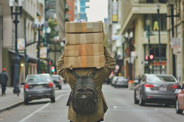A person with a backpack is obscured by a towering pile of cardboard boxes as they navigate a city street