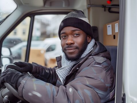 A focused delivery man driving a van, wearing winter attire and looking attentive