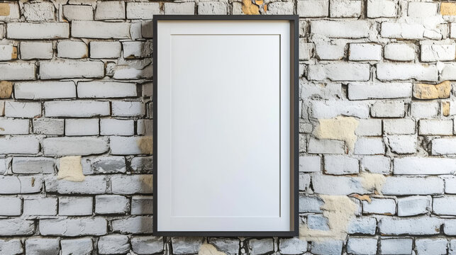 A white frame with a black border is hanging on a brick wall. The frame is empty, and the wall is covered in bricks