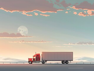 A vibrant red semi-truck adds a pop of color to the flat landscape under a vast sky with a soft pastel sunset