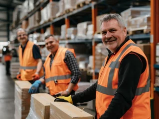 Foto op Canvas Tradesmen in highvisibility vests smile while working in an orange warehouse © Gromik