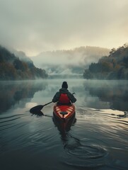 Kayaking on a calm lake, gentle paddles, reflective water, tranquil escape, early morning ,...