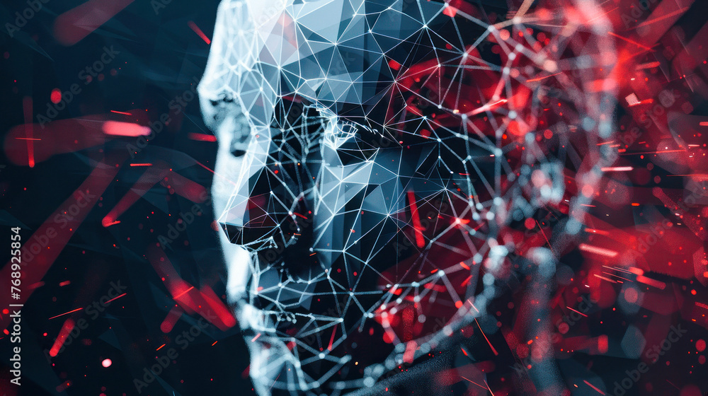 Poster an abstract red and blue digital face representing futuristic cybernetic concepts in cyberspace