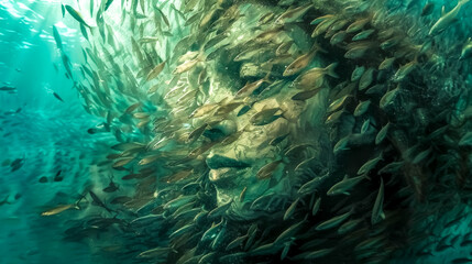Fototapeta na wymiar Dense school of fish creates a mesmerizing pattern in the murky depths