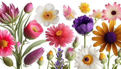 Experience the vibrant colors and diverse beauty of various types of garden flowers, beautifully isolated against white background, symbolizing nature’s floral bounty