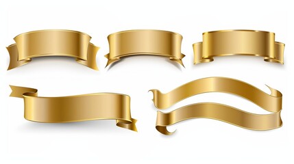 Set of gold banner label ribbons with white background. Generated by artificial intelligence.