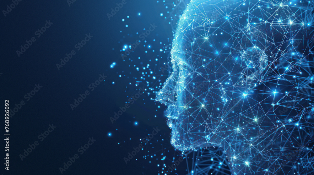 Poster a visually striking 3d digital rendering of a human face, comprised of blue lines and dots against a