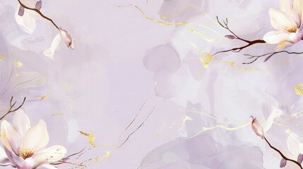 A modern abstract background featuring flowers, branches, and gold brushstrokes, set against a soft lavender background