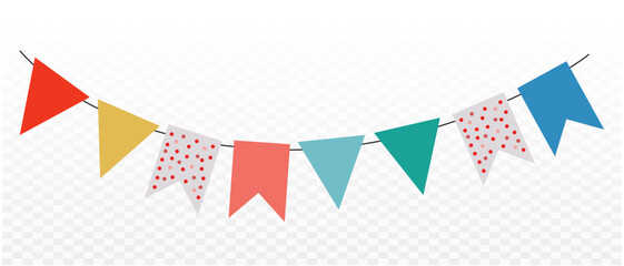 Colorful pennant bunting ribbon on transparent background. Happy carnival. Confetti festive colorful carnival illustration. Celebration background. - obrazy, fototapety, plakaty