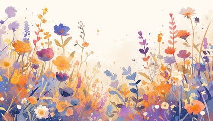 watercolor wildflowers, pastel orange pink yellow blue and purple red color palette