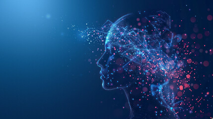 Illustration of a side view of a human head composed of expanding digital particles on a gradient blue background