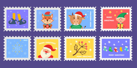 Christmas merry cute stamp with holiday symbols and decoration elements. Collection of postal stamps with Christmas decoration symbols. Vector illustration.