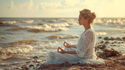 Fototapeta na wymiar Serene woman meditating on a rocky shore, the waves gently breaking in the background, embodying peace and tranquility.