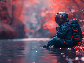 astronaut in a classic white spacesuit with a reflective helmet, seated by the edge of a murky river,