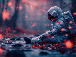astronaut in a classic white spacesuit with a reflective helmet, seated by the edge of a murky river,