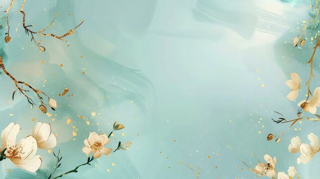 A modern abstract background featuring flowers, branches, and gold brushstrokes, set against a subtle turquoise background