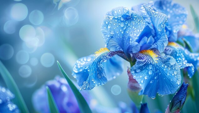 Blue irises, delicate petals, soft edges, background in blue tones, exquisite details Generative AI