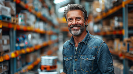 smiling and laughing man in a hardware warehouse standing selects a repair tool . - obrazy, fototapety, plakaty