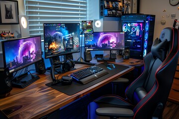 Naklejka premium Modern gaming room with computer monitors and a chair 