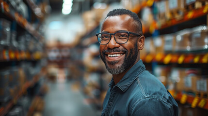 smiling and laughing man in a hardware warehouse standing selects a repair tool .