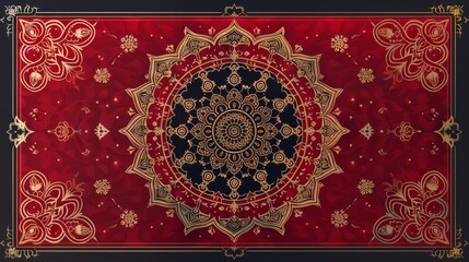 A traditional Tibetan mandala design with intricate patterns and sacred symbols, set against the deep red background of luxury wallpaper.