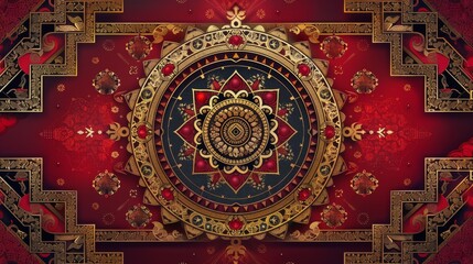 Intricate mandala design with golden accents and jewels on a rich red and geometric patterned background.